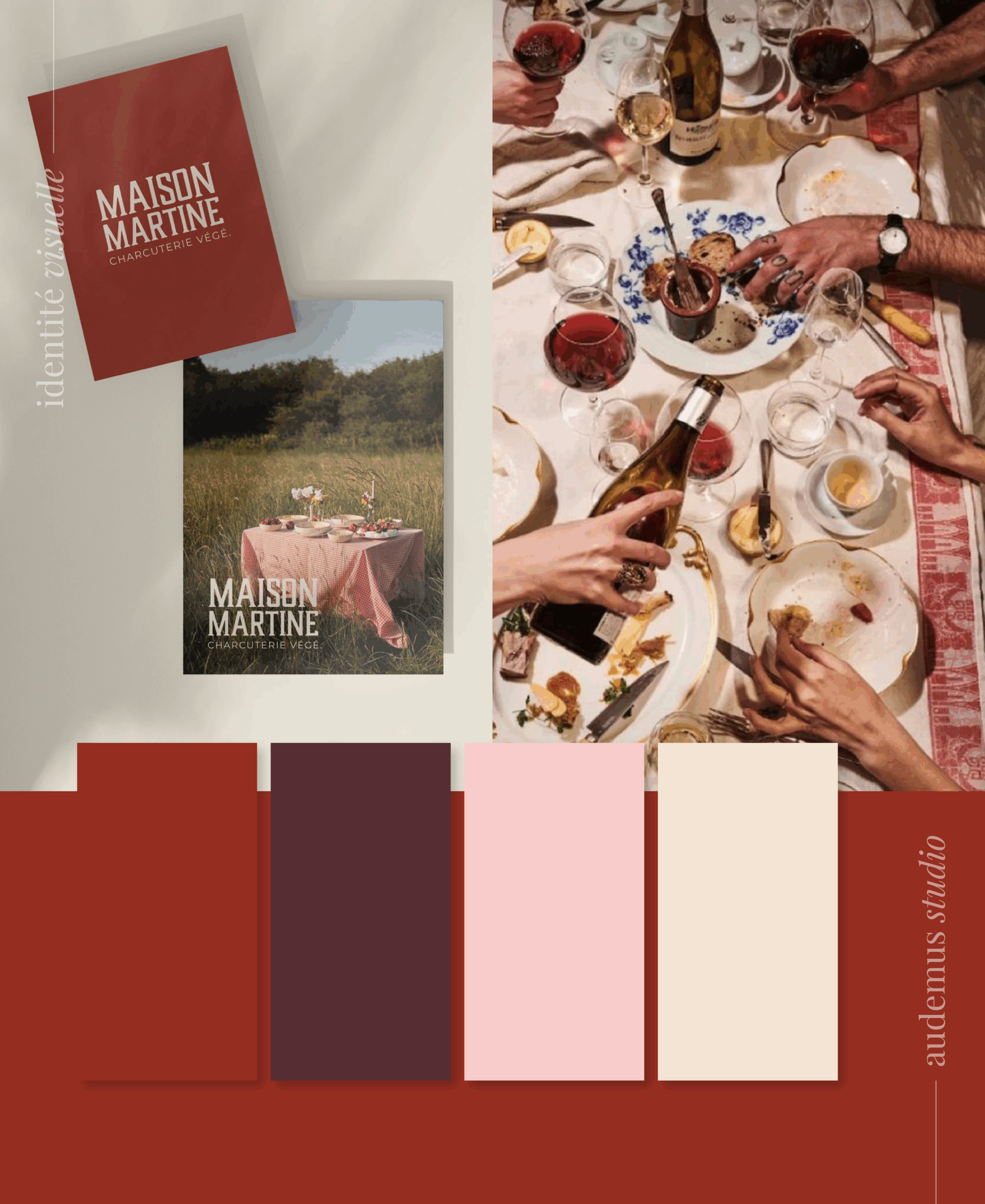 Palette couleurs pourpres et blanc identité charcuterie végétale