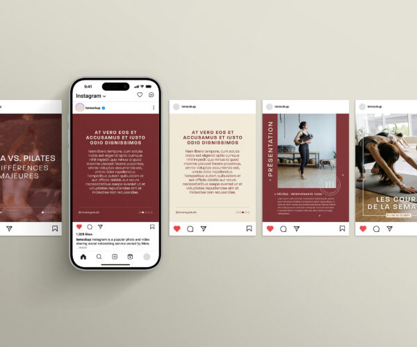 Template carrousel Instagram — studio de yoga à Angers : titres courts, palette douce, photos de postures