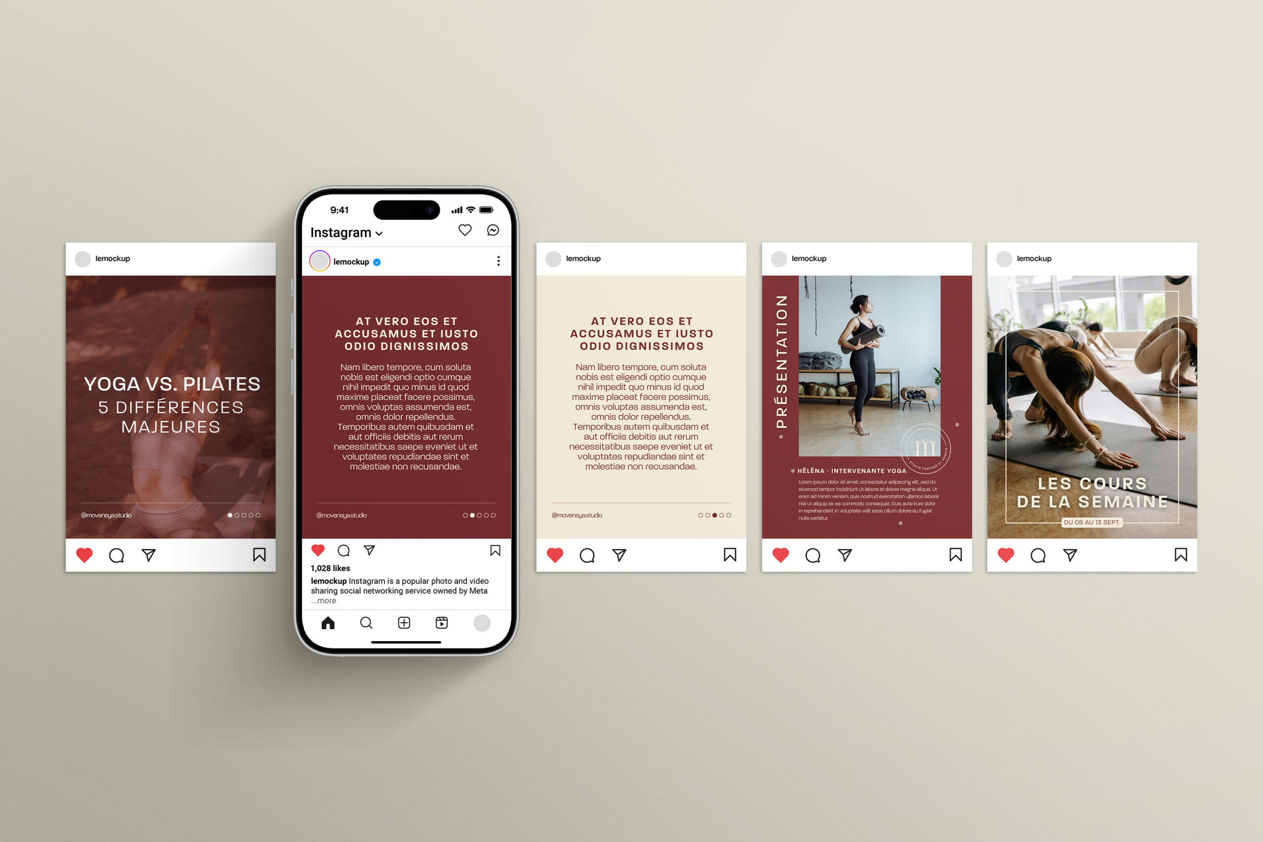 Template carrousel Instagram — studio de yoga à Angers : titres courts, palette douce, photos de postures