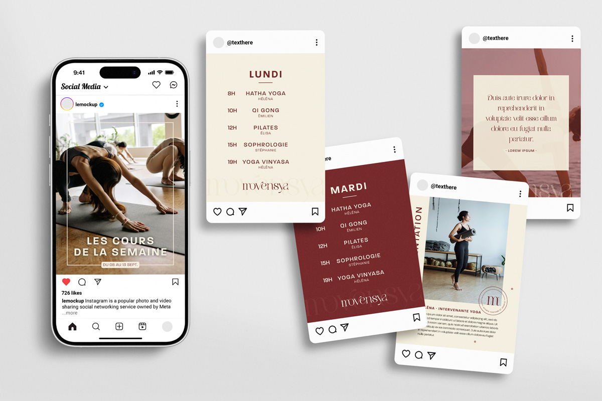Modèles de posts Instagram Canva pour pratiques douces (yoga, pilates, qi gong) — identité visuelle cohérente