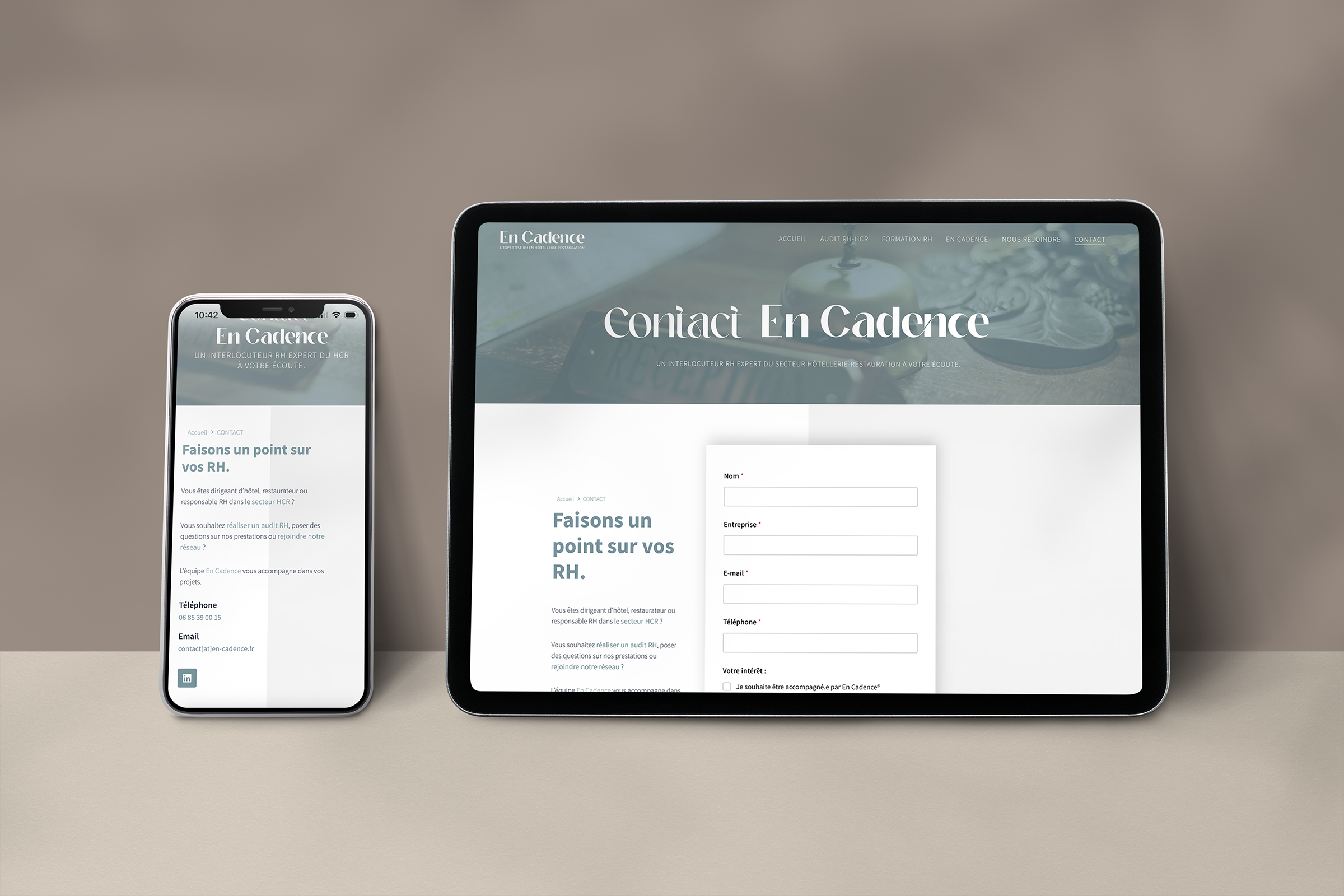 Site vitrine cabinet RH hôtellerie restauration – page contact En Cadence